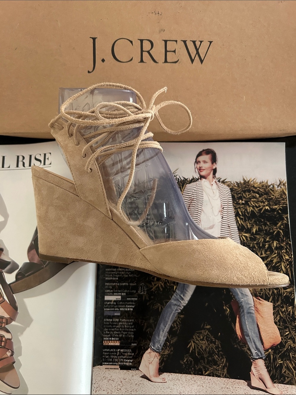 J. Crew Lana  Lace-Up Suede Peep-Toe Wedges Sandals in Tan